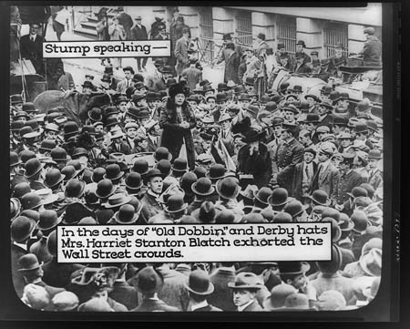 Harriet Stanton Blatch speaking to a large crowd of men, between 1915-1920